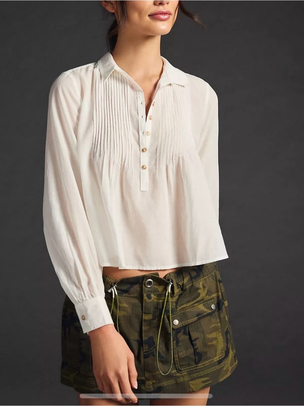 Pilcro by Anthropologie White Pintuck Long-Sleeve Popover Blouse L